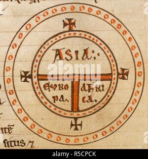 [Detail] Diagrammatic T-O map. The world is portrayed as a circle divided by a 'T' shape into three continents; Asia, Europe, and Africa . Etymologies. 12th century. Source: Royal 12 F. IV, f.135v. Language: Latin. Author: Isidore, Saint, Bishop of Seville. Stock Photo