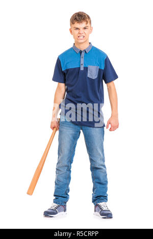 Full length portrait of young caucasian teen boy holding a baseball bat. Funny teenager hooligan looking at camera, isolated on white background. Hand Stock Photo