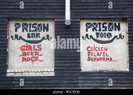 Latvia, Western Latvia, Kurzeme Region, Liepaja, waterfront bar sign Stock Photo