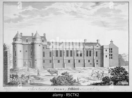 Palace of Falkland. A view, in Indian ink, of the front of the palace. ca. 1743. A view, in Indian ink, of the front of the palace of Falkland, from the south. Ms. 1 f. x 8 in. 30x20 cm.  Image taken from A view, in Indian ink, of the front of the palace of Falkland, from the south; drawn by John Elphinstone.  Originally published/produced in ca. 1743. . Source: Maps.K.Top.49.86,. Language: English. Stock Photo