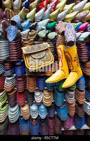 Soft leather Moroccan slippers in the Souk, Medina, Marrakesh, Morocco, North Africa Stock Photo