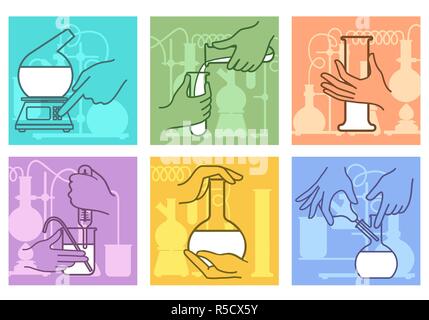 Chemical research combination. Science lab experiment chemicals mixing, liquids chemical reaction laboratory equipment with hands, vector illustration Stock Vector