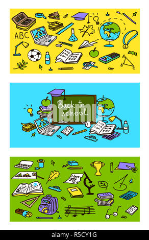 Back to school, hand drawn 3 in 1 set. Colored sketch, doodle, vector. school pack objects. Stock Photo