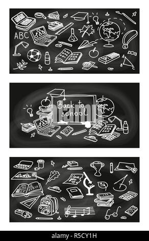 Back to school, hand drawn 3 in 1 set. sketch, doodle, vector. Black Chalk board style. Stock Photo