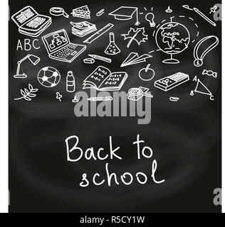 Back to school, hand drawn set color sketch, doodle, vector. Chalk board style. Stock Photo