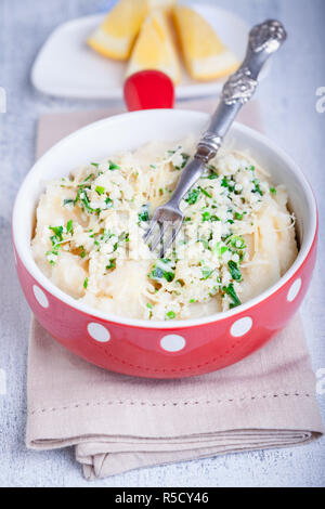 Fish pie with celery root on a napkin Stock Photo