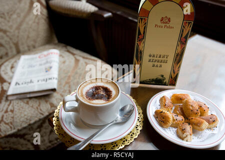 Espresso Coffee and Pastries in the Orient Express Bar of the Pera Palas Hotel, Istanbul, Turkey. (PR) Stock Photo