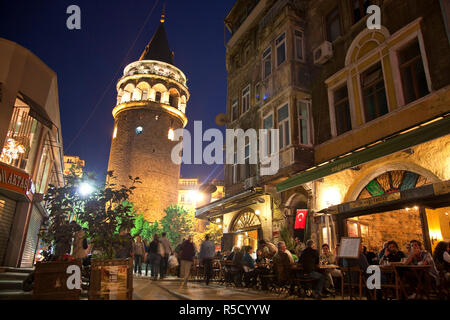 Outdoor restaurants & Galata Tower, Beyoglu area, Istanbul, Turkey Stock Photo