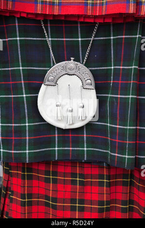 Scotland, Edinburgh, The Royal Mile, Souvenir Shop Display of Scottish Kilt and Sporran Stock Photo