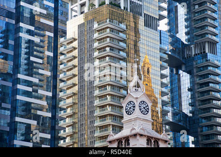 Singapore, Lau Pa Sat Festival Market Clock Tower and Modern Buildings Stock Photo