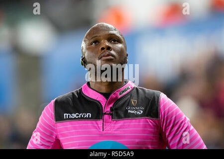 Referee Cwengile Jadezweni from South Africa in the Guinness Pro14 rugby match between Ospreys and Zebre. Stock Photo