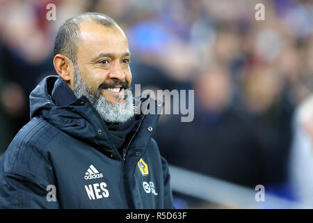 Nuno Espirito Santo manager of Wolves during the Premier League match between Cardiff City and Wolverhampton Wanderers at the Cardiff City Stadium, Cardiff, Wales on 30 November 2018. Photo by Dave Peters.  Editorial use only, license required for commercial use. No use in betting, games or a single club/league/player publications. Stock Photo
