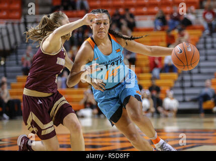 Stillwater, OK, USA. 30th Nov, 2018. Oklahoma State Guard Braxtin Miller (14) drives with the ball during a basketball game between the Texas State Bobcats and Oklahoma State Cowgirls at Gallagher-Iba Arena in Stillwater, OK. Gray Siegel/CSM/Alamy Live News Stock Photo