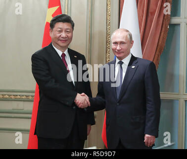 Buenos Aires, Argentina. 30th Nov, 2018. Chinese President Xi Jinping (L) meets with his Russian counterpart Vladimir Putin, in Buenos Aires, Argentina, Nov. 30, 2018. Credit: Xie Huanchi/Xinhua/Alamy Live News Stock Photo