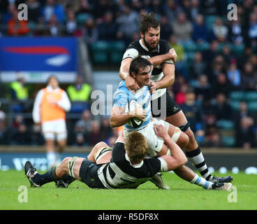 London, UK, 1st December, 2018.  Argentina's Pablo Matera gets tackled by Lood de Jager (Bulls & South Africa) of Barbarians and Pieter-Steph du Toit (Stormers & South Africa) of Barbarians During The Killik Cup between Barbarians and Argentina at Twickenham stadium , London, England on 01 Dec 2018.   Credit: Action Foto Sport/Alamy Live News Stock Photo