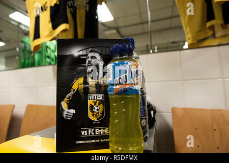 Netherlands. 1st December 2018. ARNHEM, Netherlands, 01-12-2018, football, season 2018 / 2019, Dutch Eredivisie, GelreDome, Vitesse - FC Emmen, match program with Guram Kashia on the cover in the dressing room of Vitesse Credit: Pro Shots/Alamy Live News Stock Photo