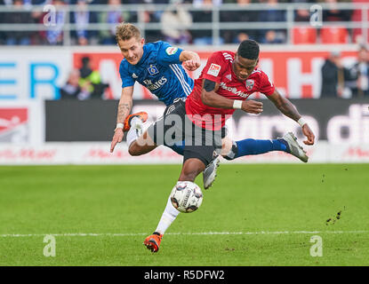 Ingolstadt, Germany, 1st December 2018.Germany, 1st December 2018. Frederic ANANOU, ING 2  compete for the ball, tackling, duel, header, action, fight against Lewis HOLTBY, HSV 8  FC INGOLSTADT - HAMBURGER SV   - DFL REGULATIONS PROHIBIT ANY USE OF PHOTOGRAPHS as IMAGE SEQUENCES and/or QUASI-VIDEO -  2.German Soccer League , Ingolstadt, December 01, 2018  Season 2018/2019, matchday 15, HSV, Schanzer © Peter Schatz / Alamy Live News Stock Photo