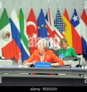 Buenos Aires, Argentina. 1st December, 2018. Buenos Aires, Argentina. 30th November 2018. British Prime Minister Theresa May during the plenary session on Day Two of the G20 Summit meeting at the Costa Salguero Center December 1, 2018 in Buenos Aires, Argentina. Credit: Planetpix/Alamy Live News Credit: Planetpix/Alamy Live News Stock Photo