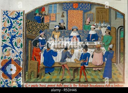 The Dukes of York, Gloucester and Ireland dine with King Richard II. Anciennes et nouvelles chroniques d'Angleterre (also known as Recueil des croniques dâ€™Engleterre). S. Netherlands (Bruges), late 15th century. Source: Royal 14 E. IV, f.265v. Language: French. Author: Master of the London Wavrin. Stock Photo
