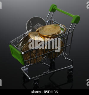 Basket from supermarket with coins crypto currency