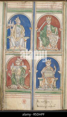 Four kings of England: above, Henry II and Richard I; below, John and Henry III. Drawings of the kings of Britain and England to Henry III. England (St Albans), 1250-1259. Source: Cotton Claudius D. VI, f.9v. Author: PARIS, MATTHEW. Stock Photo