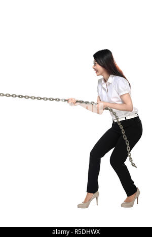 Asian business woman pulling chain isolated over white background Stock ...