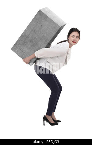 Asian business woman lift heavy box Stock Photo