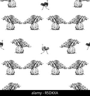 Seamless pattern of hand drawn sketch style baobab trees and ostrich isolated on white background. Vector illustration. Stock Vector