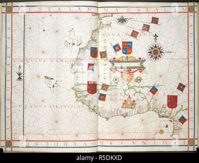 West coast of Africa. Universalis Orbis Hydrographia. Portugal; 1573. (Whole chart) Chart of the west coast of Africa, from the Straits of Gibraltar to the island of Sao Tome, off Gabon; with the Canary Islands and the Cape Verde Islands  Image taken from Universalis Orbis Hydrographia.  Originally published/produced in Portugal; 1573. . Source: Add. 31317, ff.17v-18. Language: Portuguese. Stock Photo