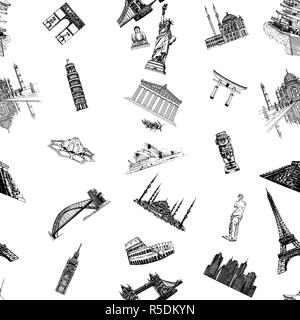 Seamless pattern of hand drawn sketch style world's famous landmarks and sights isolated on white background. Vector illustration. Stock Vector