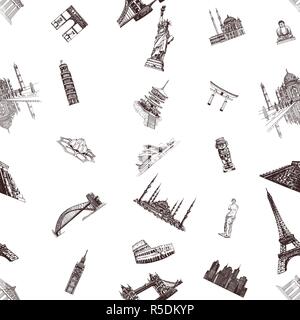 Seamless pattern of hand drawn sketch style world's famous landmarks and sights isolated on white background. Vector illustration. Stock Vector