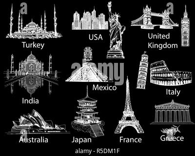 Free Vector | Black and white sketches landmarks