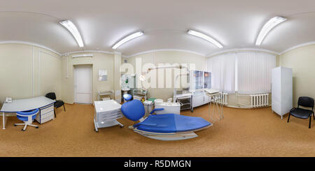 360 degree panoramic view of MINSK, BELARUS - APRIL 20, 2017:  Panorama of interier dentist surgeon orthopedist therapist cabinet in modern clinic,  full 360 seamless panorama in