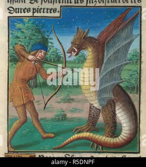 Killing the Python. Metamorphoses. Antoine VÃ©rard: Paris, 1494. (Miniature only) Phoebus Apollo kills the Python. Image taken from Metamorphoses. Source: IC.41148, VII. Language: French. Stock Photo