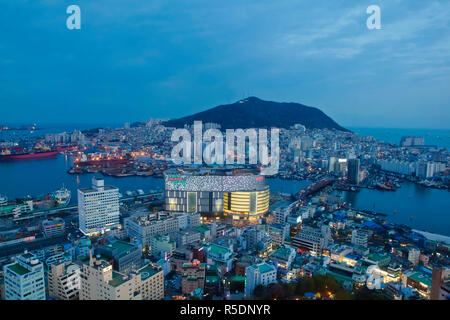 Korea, Gyeongsangnam-do, Busan, View of harbour and Lotte Tower from Busan Tower Stock Photo