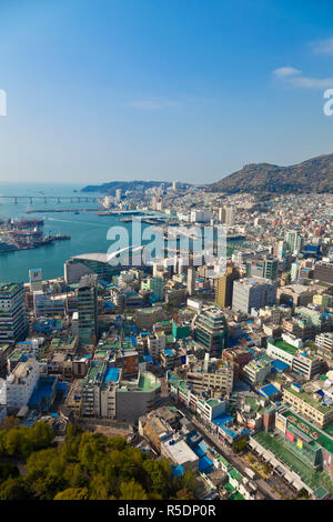 Korea, Gyeongsangnam-do, Busan, View of harbour and Jalgalchi  fish market from Busan Tower Stock Photo