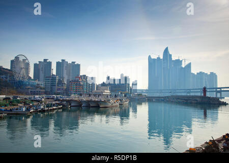 Korea, Gyeongsangnam-do, Busan, View of Millak Entertainment World and Haeundae luxury appartment buildings Stock Photo