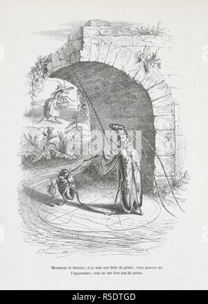 Monsieur le Sorcier, si je suis une bete de genie, vous pouvez me l'apprendre; cela ne me fera pas de peine. Anthropomorphic image of insects measuring the height of a bridge. Peines de cÅ“ur d'une chatte anglaise.-Guide-aÌ‚ne aÌ€ l'usage des animaux qui veulent parvenir aux honneurs.-Voyage d'un lion d'Afrique aÌ€ Paris.-Les Amours de deux beÌ‚tes. In: Stahl (P. J.) pseud. SceÌ€nes de la vie priveÌe des animaux ... EÌtudes de mÅ“urs contemporaines publieÌes sous la direction de M. P. J. Stahl, avec la collaboration de Messieurs de Balzac, L. Baude, etc. 1842. 1842. Source: 1457.k.1. plate  Stock Photo