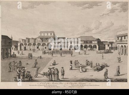 A commanding officer and his squad in the market square (Plaza Vieja) in Havana (La Habana), with children playing around a fountain, and priests, soldiers and women carrying baskets in the foreground. Figures in the balconies of the porticoed houses enclosing the square in the background . A View in the Market Place in the City of the Havana = Vue de La Place du MarchÃ© dans La ville de La Havane = Vista de la Plaza del Mercado en la Ciudad de la Havana. London : Publish'd according to Act of Parliament March 14, 1765. by Thomas Jefferys, Corner of St. Martins Lane, [March 14 1765]. Etching a Stock Photo