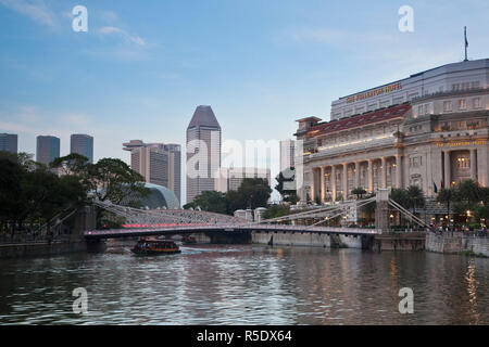 Boat Quay and Fullerton Hotel, Singapore River, Singapore Stock Photo