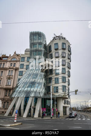 Prague, Czech - Oct 27, 2018. Dancing House in Prague, also known as Fred and Ginger. It is building in Prague riverfront designed by Frank Gehry. Stock Photo