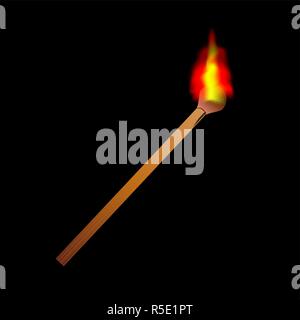 Burning flame head matchstick isolated against a black background. Stock Vector