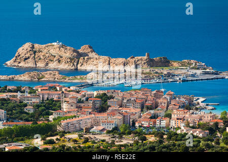 France, Corsica, Haute-Corse Department, La Balagne Region, Ile Rousse, elevated view of city and Ile de la Pietra Stock Photo