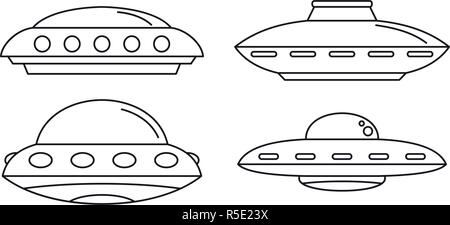 UFO spaceship icon set. Outline set of UFO spaceship vector icons for web design isolated on white background Stock Vector