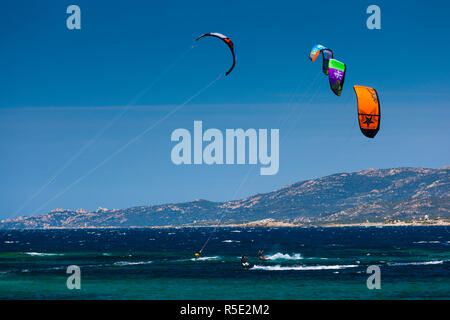 France, Corsica, Corse-du-Sud Department, Corsica South Coast Region, Bonifacio-area, Plage de Tonnara beach, kite surfing Stock Photo