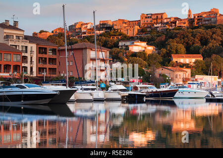 France, Corsica, Corse-du-Sud Department, Corsica South Coast Region, Porto Vecchio, marina and Citadel, dawn Stock Photo