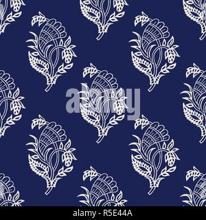 Wood block printed indigo dye seamless ethnic paisley pattern. Traditional oriental ornament of India with hops, ecru on navy blue background. Stock Vector