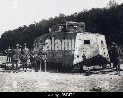 German tank captured by the 26th Australian Battalion at Monument Wood, near Villers-Bretonneux, on 14 July 1918; photograph taken at Vaux 4 August 1918 after the tank had been handed over to the Australian War Records Section - - Mandatory Photo Credit: TAHO Stock Photo