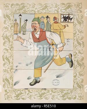 Angry shop-owner, 1900. The owner of a shop is angry because his window ...