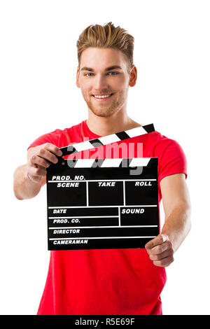 Young man holding a clapboard Stock Photo